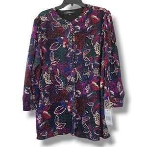 Calessa Artsy Floral Button Knit Blouse Tunic Crinkle Textured SIZE XL NWT Black